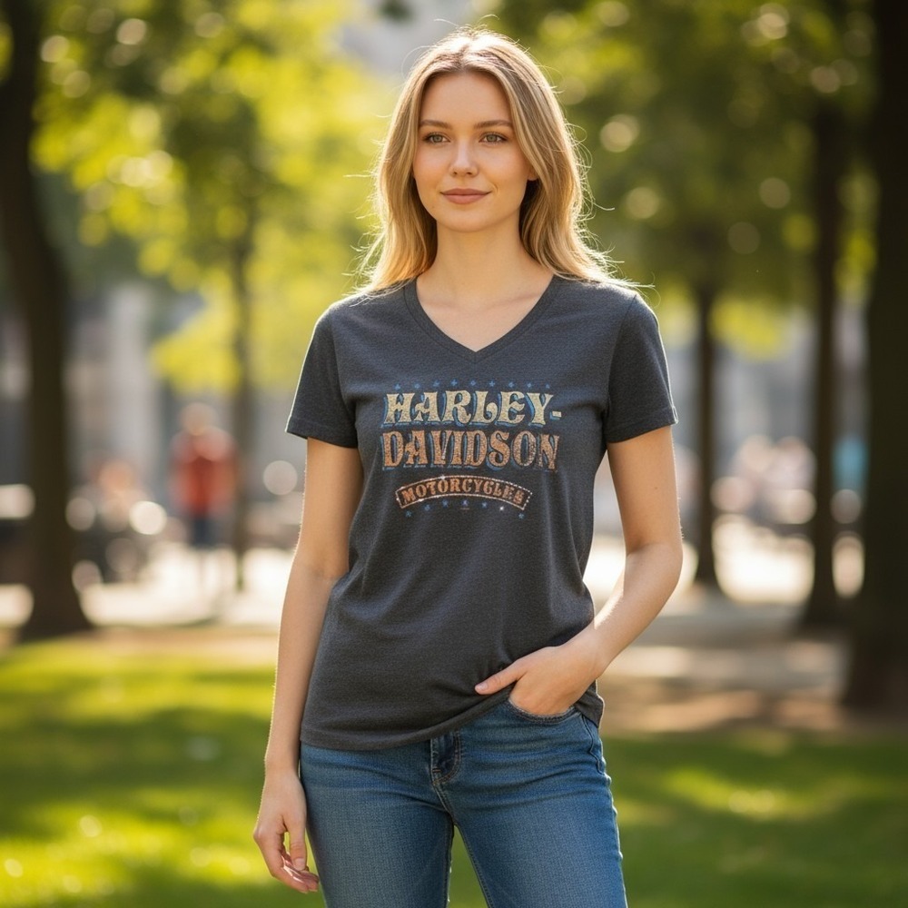 Harley Davidson Womens V Neck T Shirt Gray San Antonio Texas Size M Short Sleeve